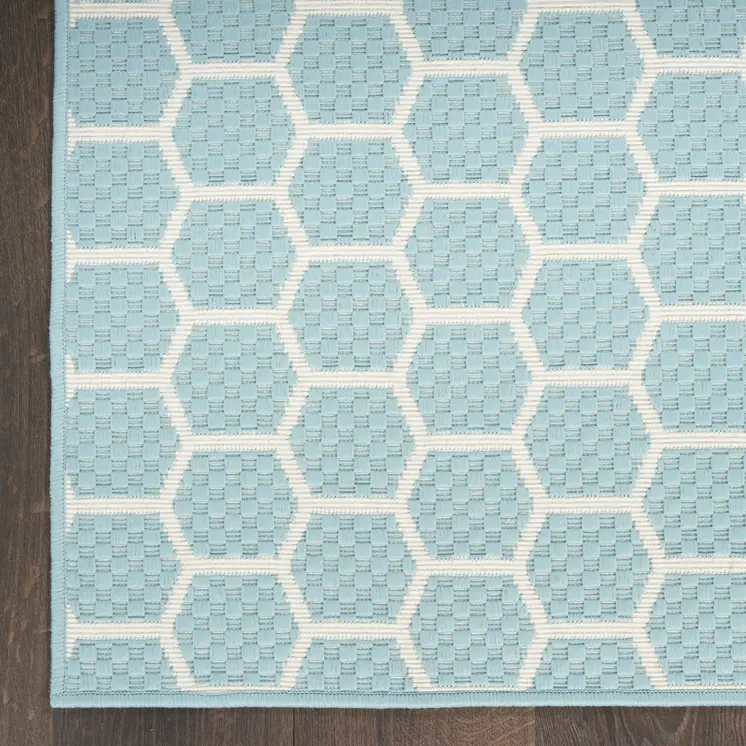 8' X 10' Aqua And Ivory Geometric Indoor Outdoor Area Rug