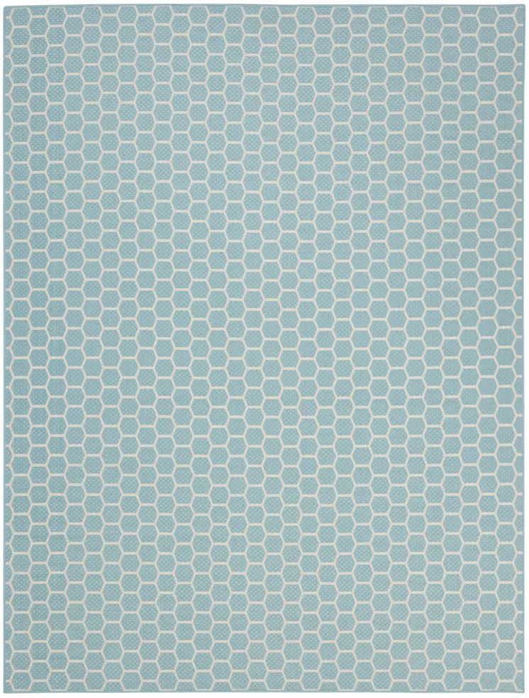 8' X 10' Aqua And Ivory Geometric Indoor Outdoor Area Rug