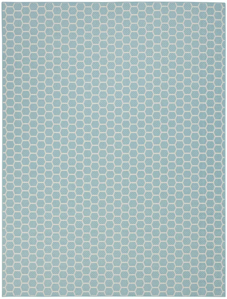 9' X 12' Aqua And Ivory Geometric Indoor Outdoor Area Rug