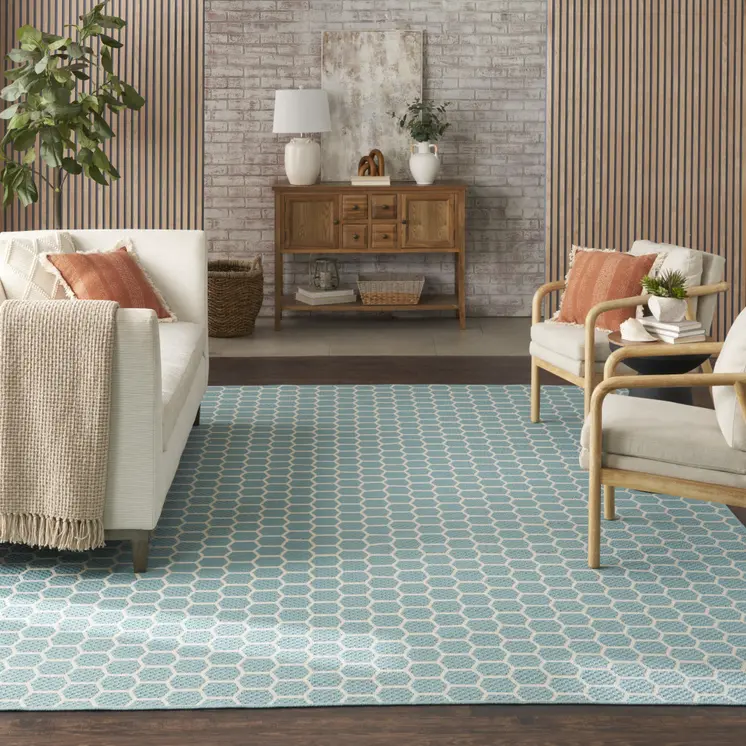 9' X 12' Aqua And Ivory Geometric Indoor Outdoor Area Rug