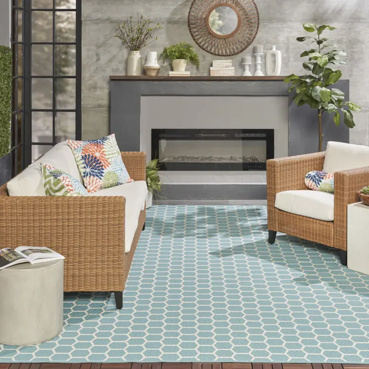 9' X 12' Aqua And Ivory Geometric Indoor Outdoor Area Rug