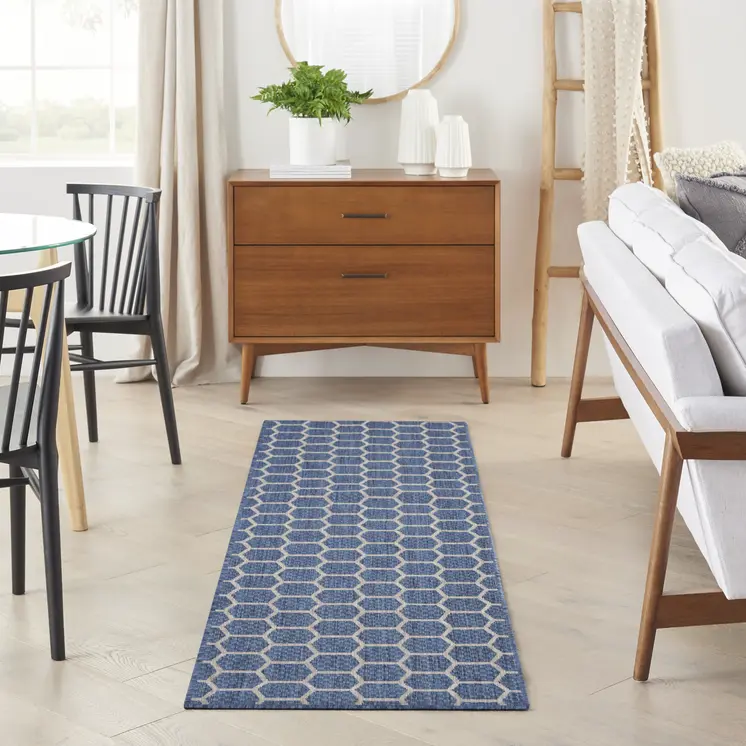 6' Blue And Ivory Geometric Indoor Outdoor Area Rug
