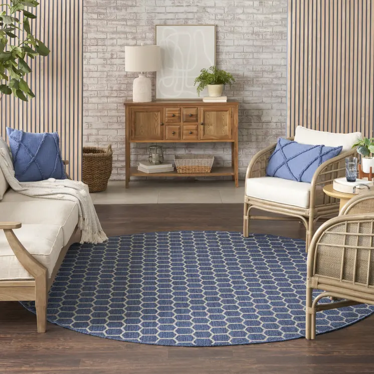 8' Blue And Ivory Geometric Indoor Outdoor Area Rug