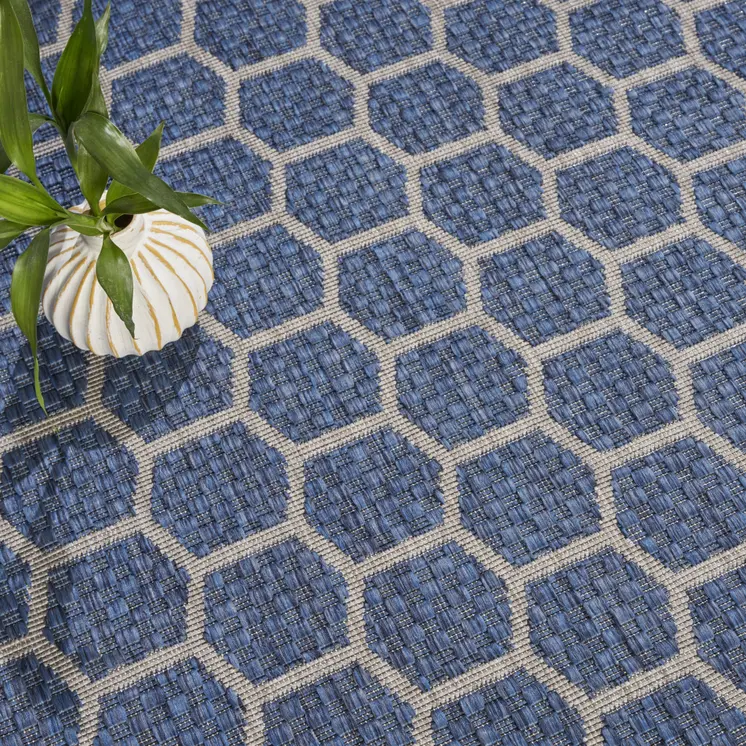 8' Blue And Ivory Geometric Indoor Outdoor Area Rug