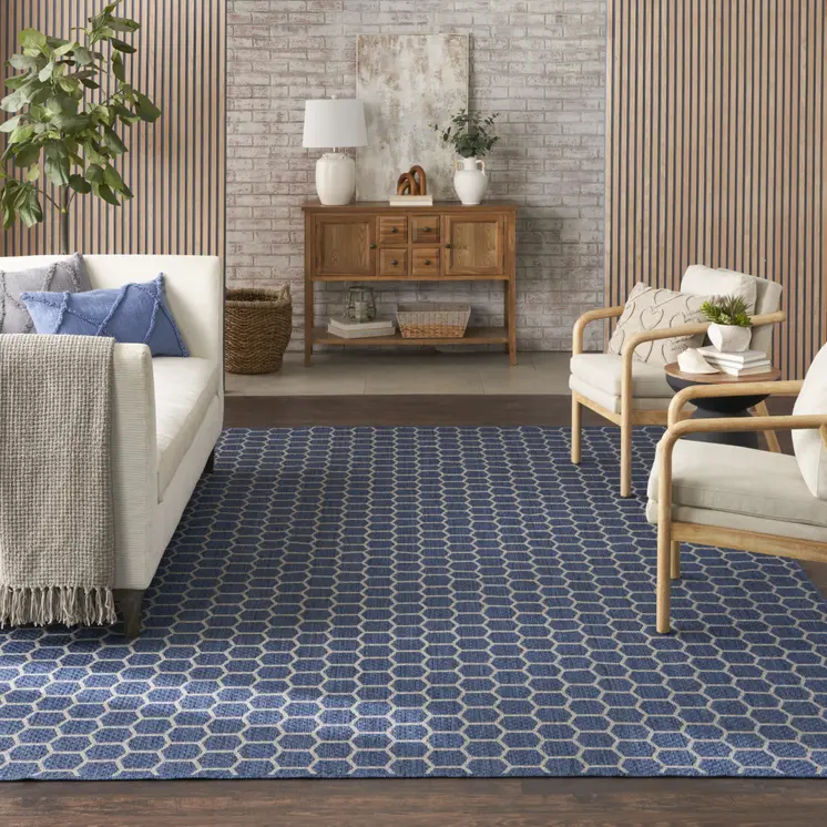 10' X 14' Blue And Beige Geometric Indoor Outdoor Area Rug