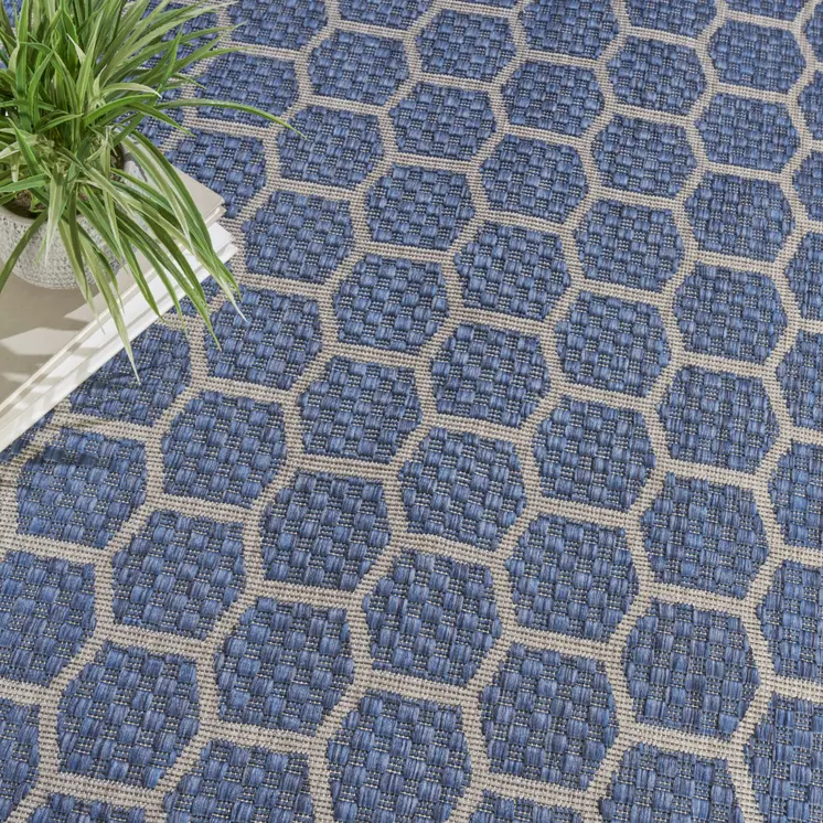 10' X 14' Blue And Beige Geometric Indoor Outdoor Area Rug