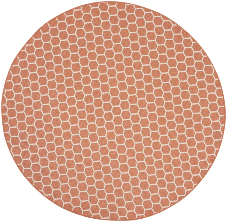 8' Coral And Ivory Geometric Indoor Outdoor Area Rug