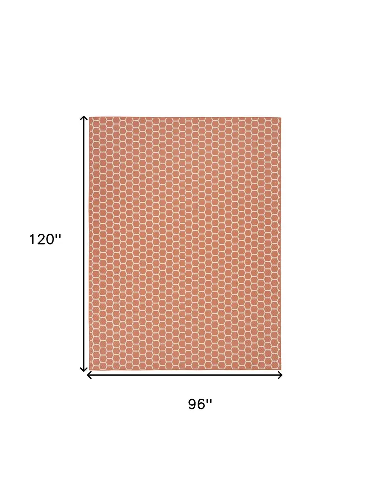 8' X 10' Coral And Ivory Geometric Indoor Outdoor Area Rug