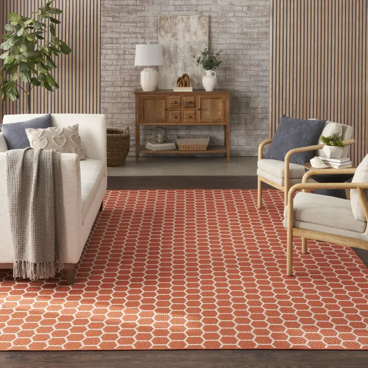 8' X 10' Coral And Ivory Geometric Indoor Outdoor Area Rug