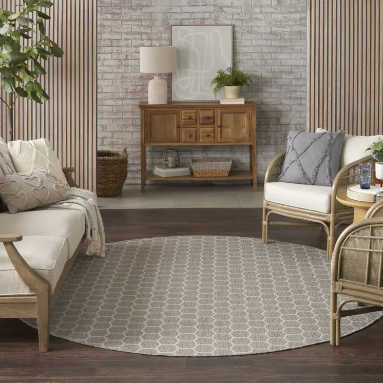 8' Gray And Ivory Geometric Indoor Outdoor Area Rug