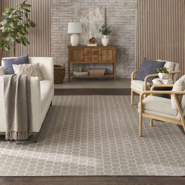 10' X 14' Gray And Ivory Geometric Indoor Outdoor Area Rug