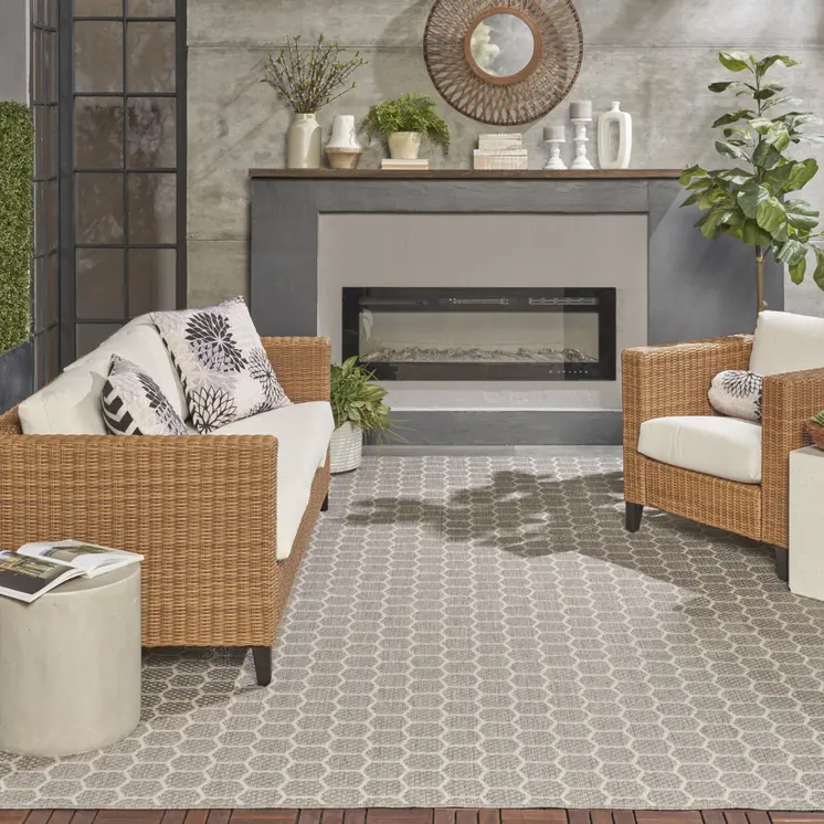 10' X 14' Gray And Ivory Geometric Indoor Outdoor Area Rug