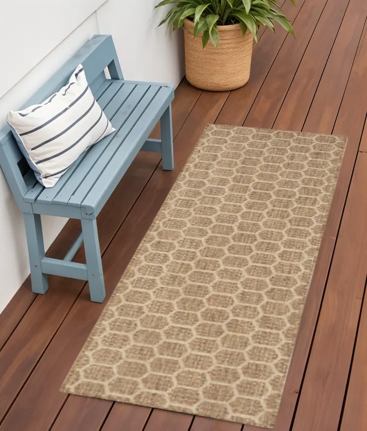 6' Natural And Beige Geometric Indoor Outdoor Area Rug