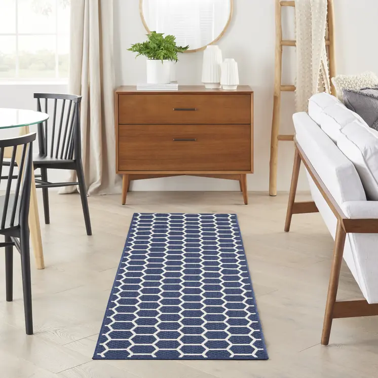 6' Navy Blue And Ivory Geometric Indoor Outdoor Area Rug