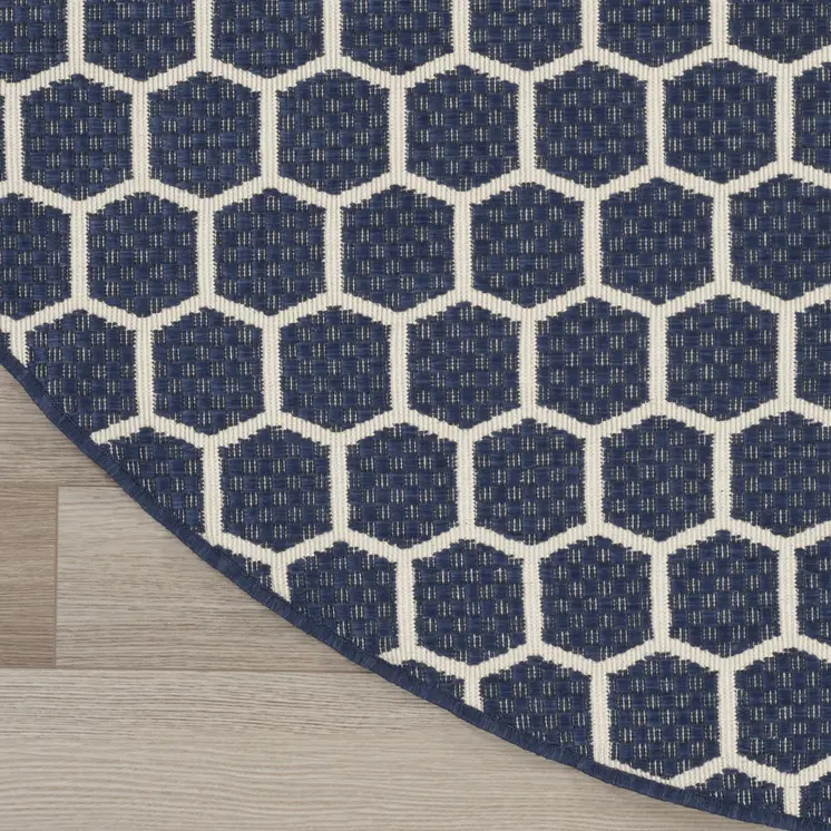 8' Navy Blue And Ivory Geometric Indoor Outdoor Area Rug