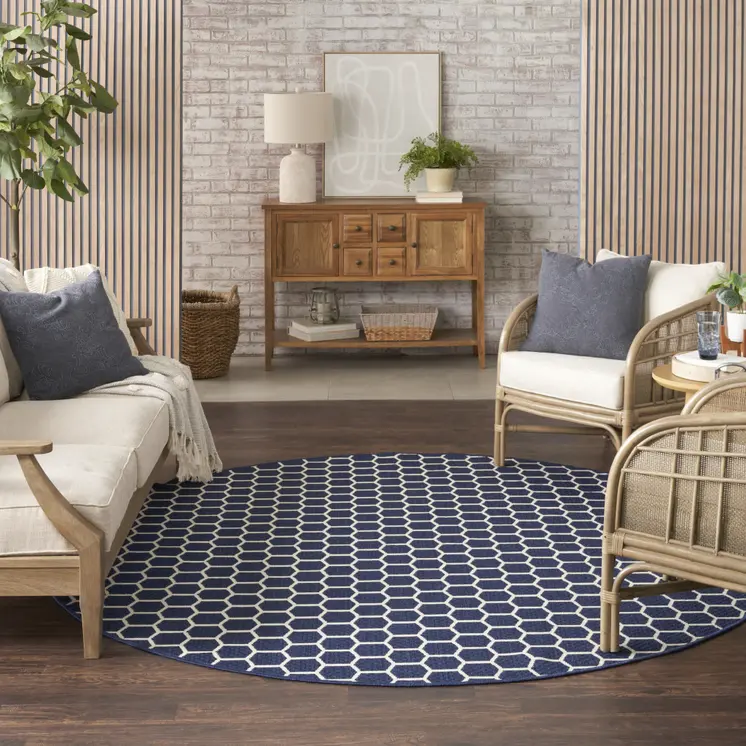 8' Navy Blue And Ivory Geometric Indoor Outdoor Area Rug