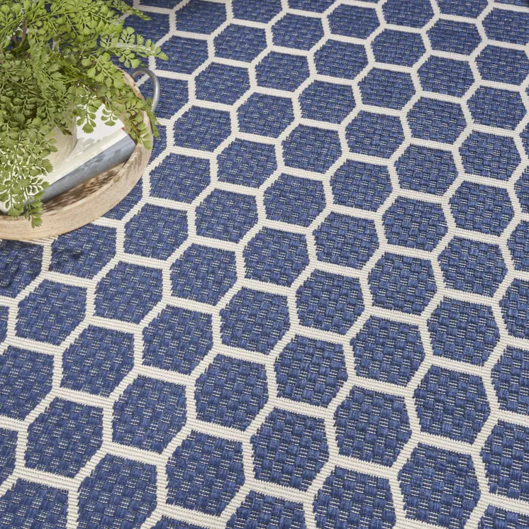 8' Navy Blue And Ivory Geometric Indoor Outdoor Area Rug