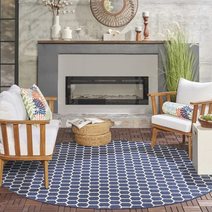 8' Navy Blue And Ivory Geometric Indoor Outdoor Area Rug