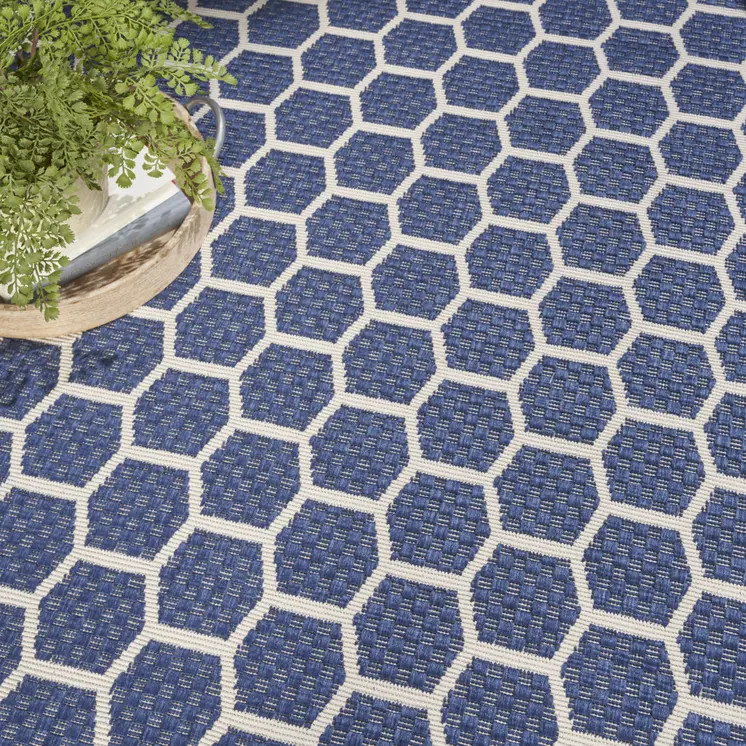 8' Navy Blue And Ivory Geometric Indoor Outdoor Area Rug