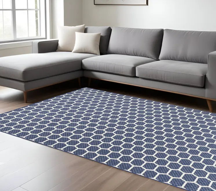 8' X 10' Navy Blue And Ivory Geometric Indoor Outdoor Area Rug