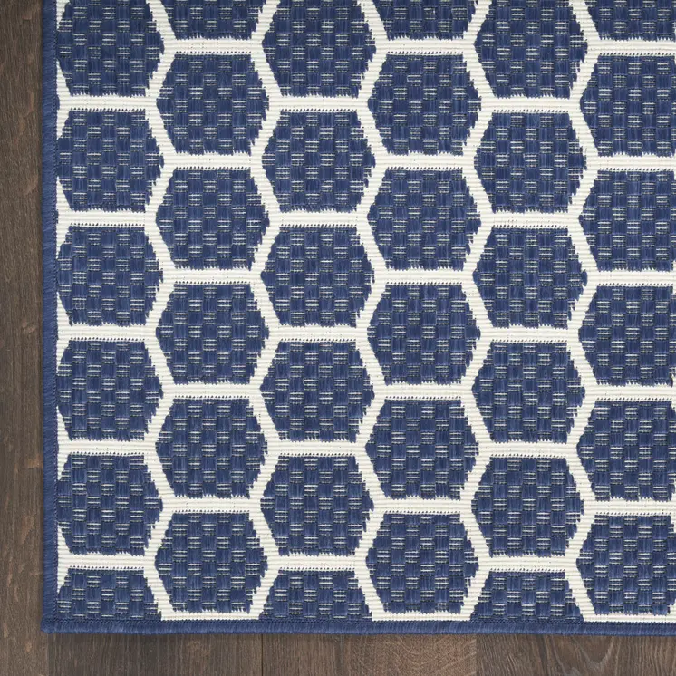 8' X 10' Navy Blue And Ivory Geometric Indoor Outdoor Area Rug