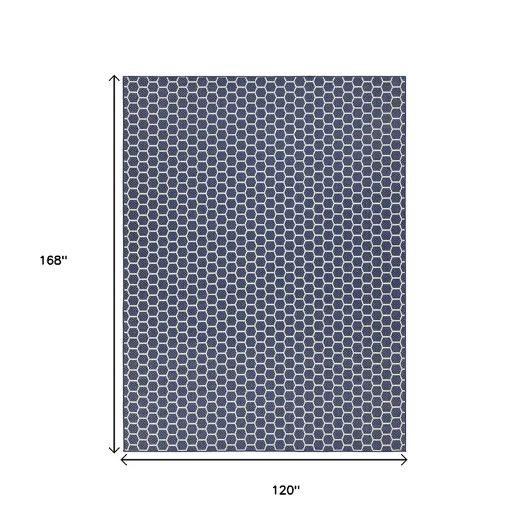10' X 14' Navy Blue And Ivory Geometric Indoor Outdoor Area Rug