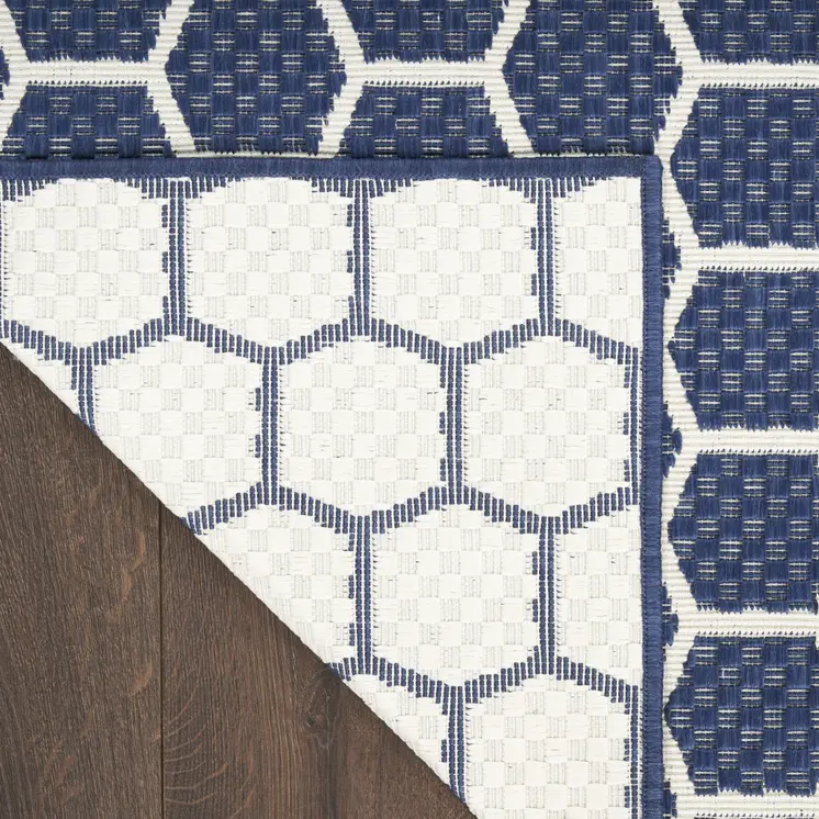 10' X 14' Navy Blue And Ivory Geometric Indoor Outdoor Area Rug