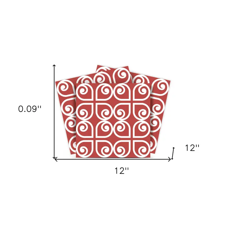 12" X 12" Brick Red And White Scroll Peel and Stick Removable Tiles