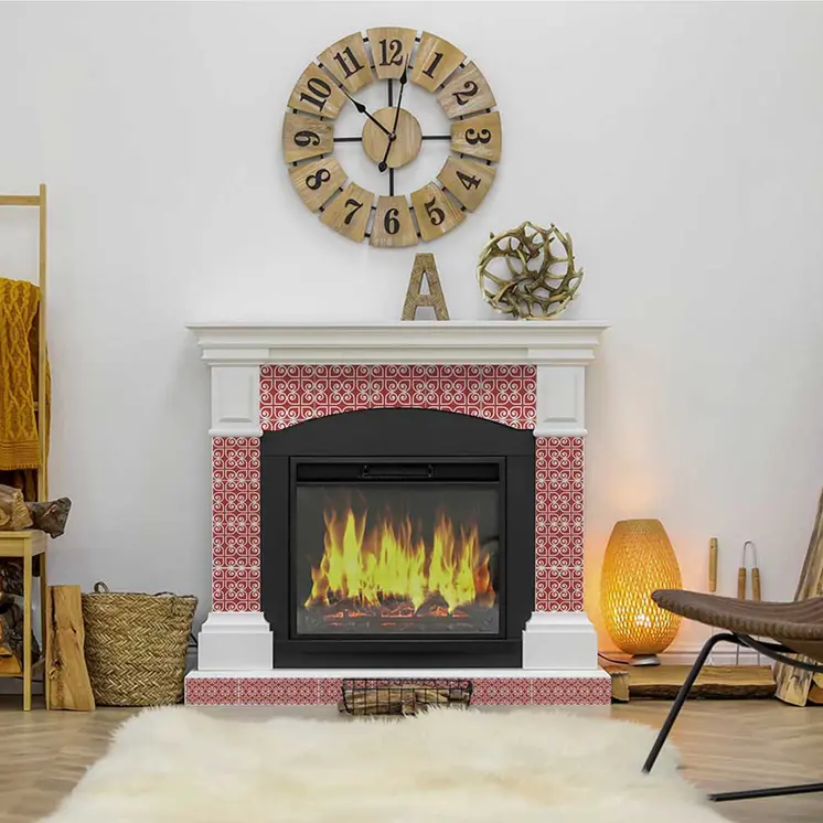 12" X 12" Brick Red And White Scroll Peel and Stick Removable Tiles