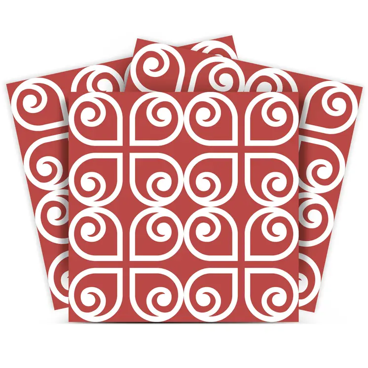12" X 12" Brick Red And White Scroll Peel and Stick Removable Tiles