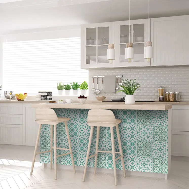 12" X 12" Light Green And White Geo Peel and Stick Removable Tiles