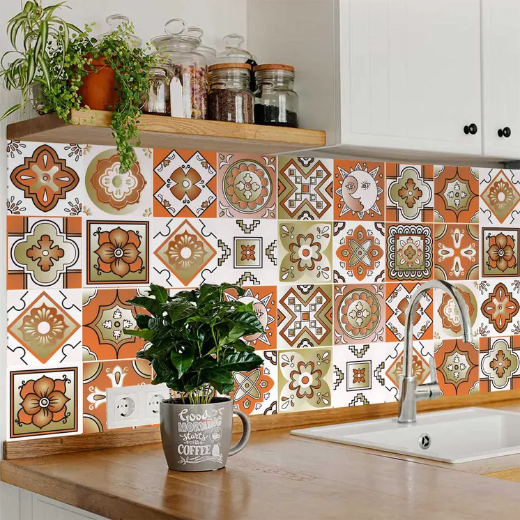 12" X 12" Retro Orange Mosaic Peel and Stick Removable Tiles