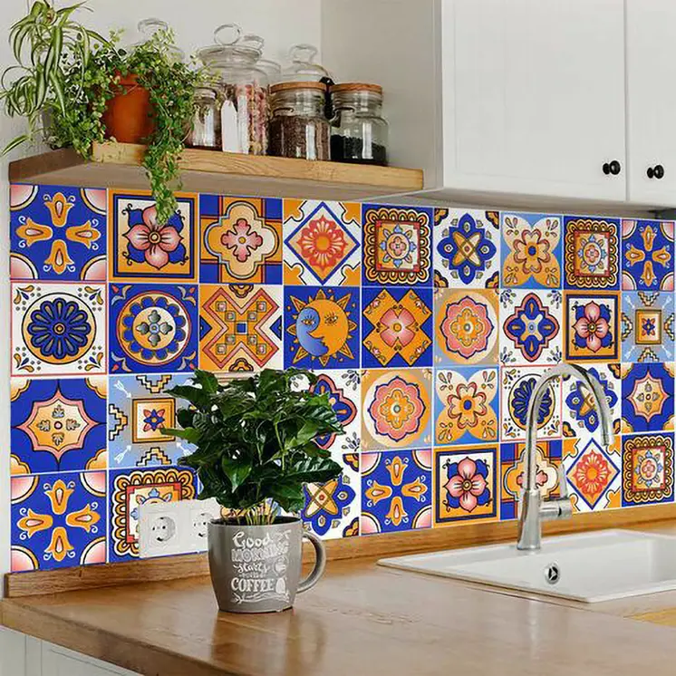12" X 12" Blue and Gold Celestial Mosaic Peel and Stick Removable Tiles