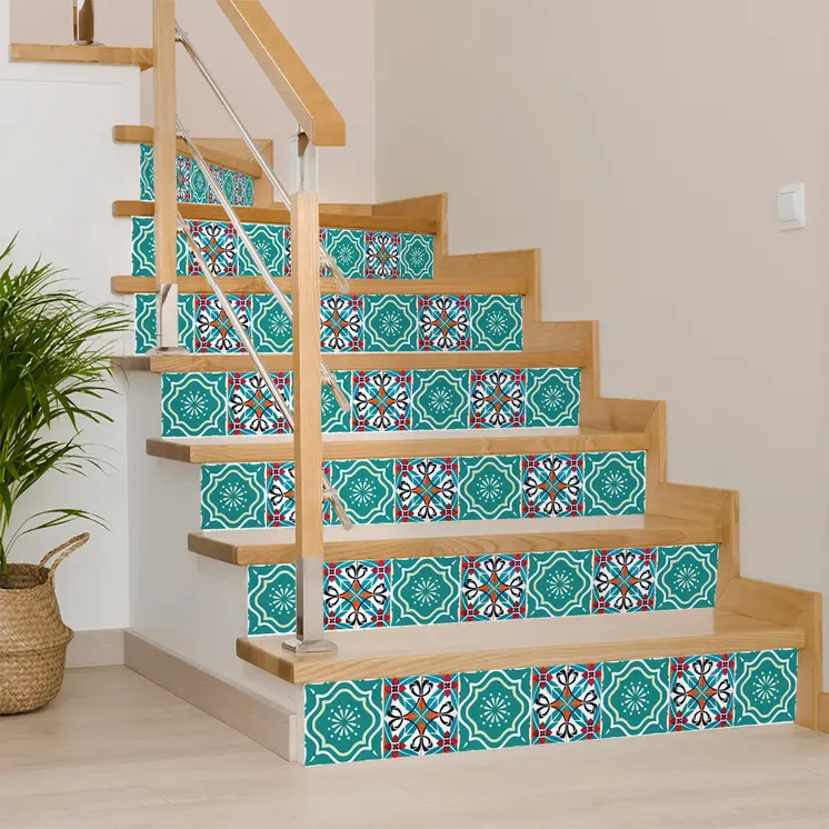 12" X 12" Turq and Terra Cotta Scroll Peel and Stick Removable Tiles