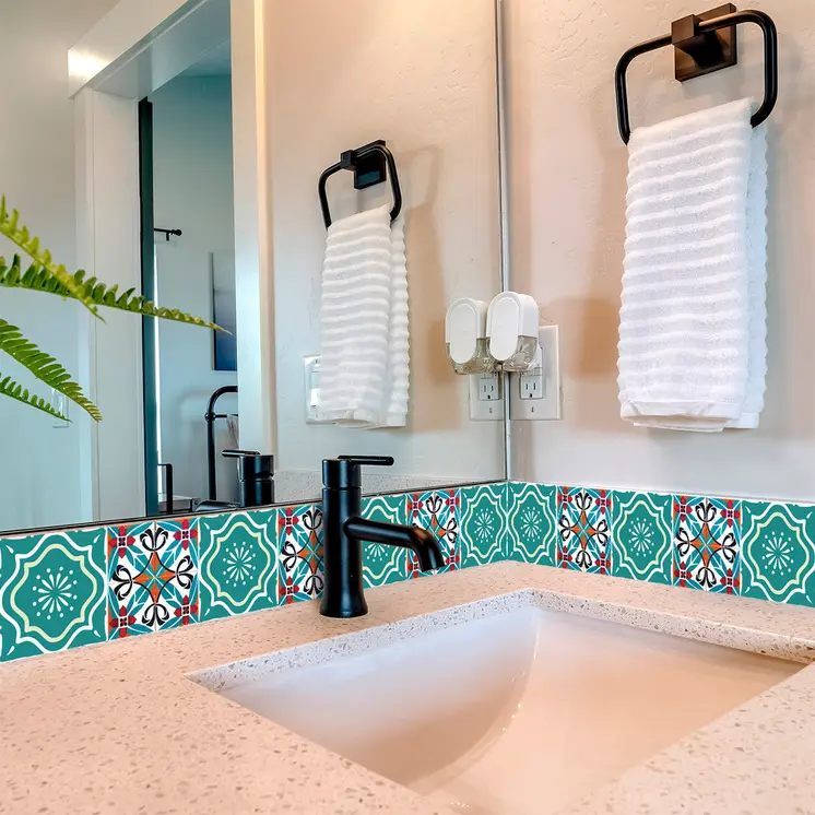 12" X 12" Turq and Terra Cotta Scroll Peel and Stick Removable Tiles