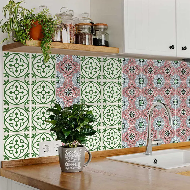 12" X 12" Vintage Green and Taupe Mosaic Peel and Stick Removable Tiles