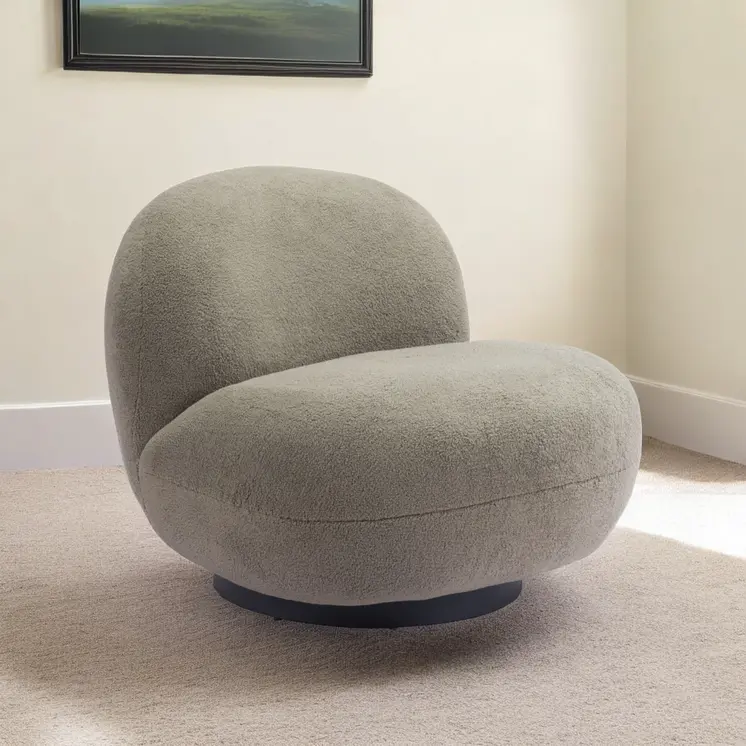 30" Khaki And Black Faux Shearling And Upholstered Slipper Chair