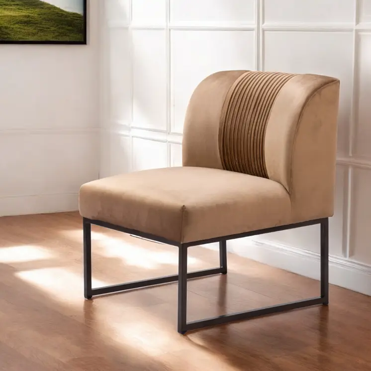 25" Brown And Brass Velvet And Upholstered Tufted Slipper Chair