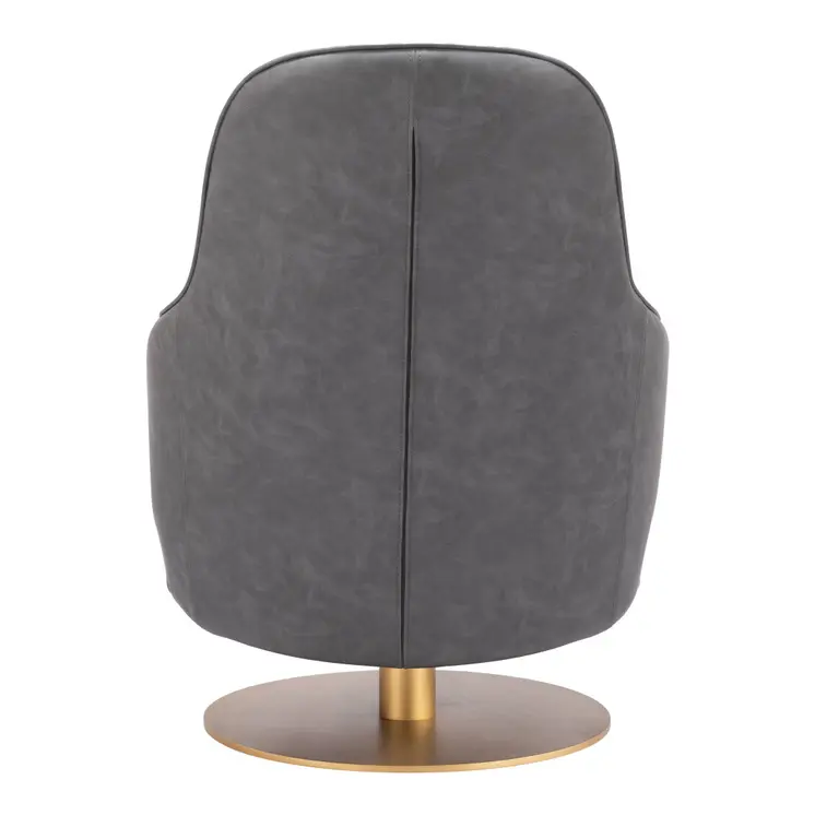 28" Gray And Gold Faux Leather And Faux Leather Swivel Arm Chair