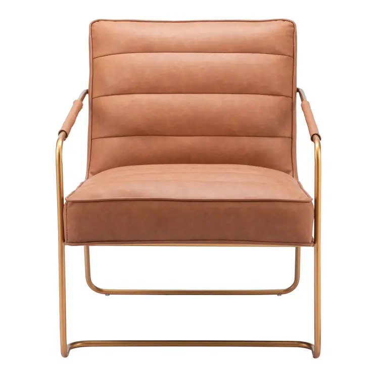 25" Brown And Gold Faux Leather And Faux Leather Tufted Arm Chair