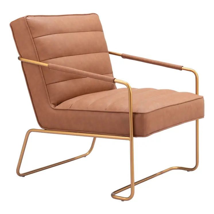 25" Brown And Gold Faux Leather And Faux Leather Tufted Arm Chair