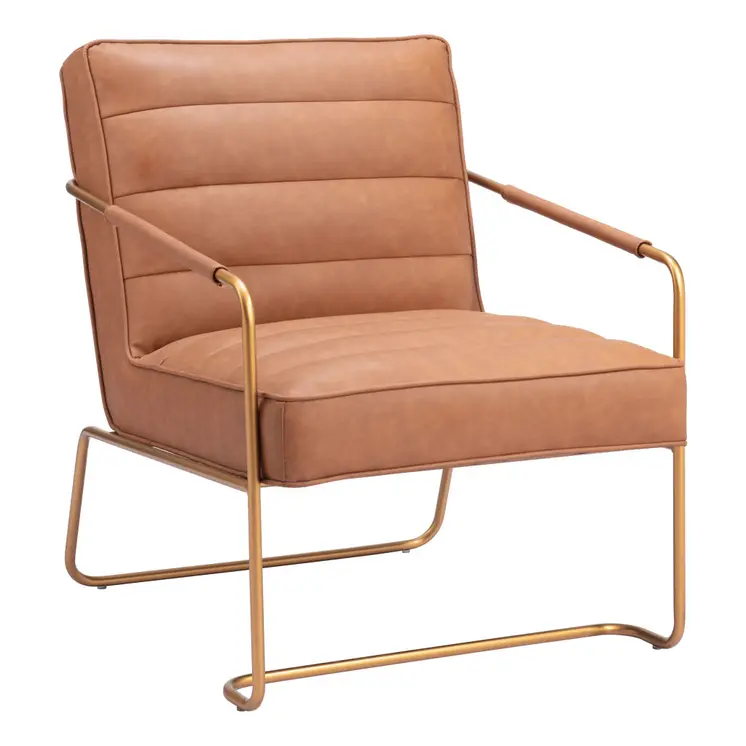 25" Brown And Gold Faux Leather And Faux Leather Tufted Arm Chair