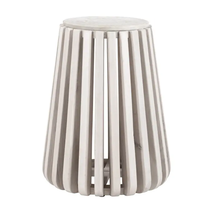 23" White and Natural Distressed Marble and Wood Round Drum End Table