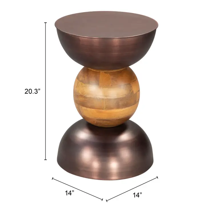 20" Bronze and Brown Iron and Solid Wood Round Pedestal End Table