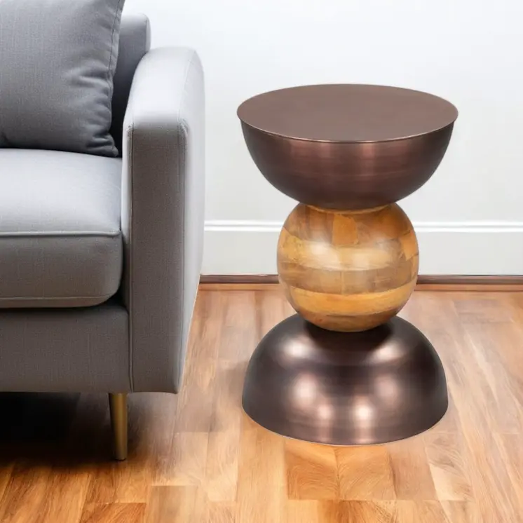 20" Bronze and Brown Iron and Solid Wood Round Pedestal End Table