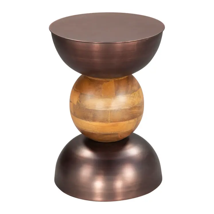 20" Bronze and Brown Iron and Solid Wood Round Pedestal End Table