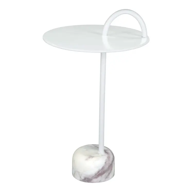 25" White Iron And Marble Round Pedestal End Table