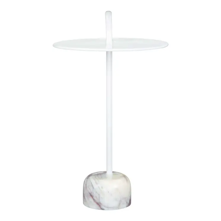 25" White Iron And Marble Round Pedestal End Table
