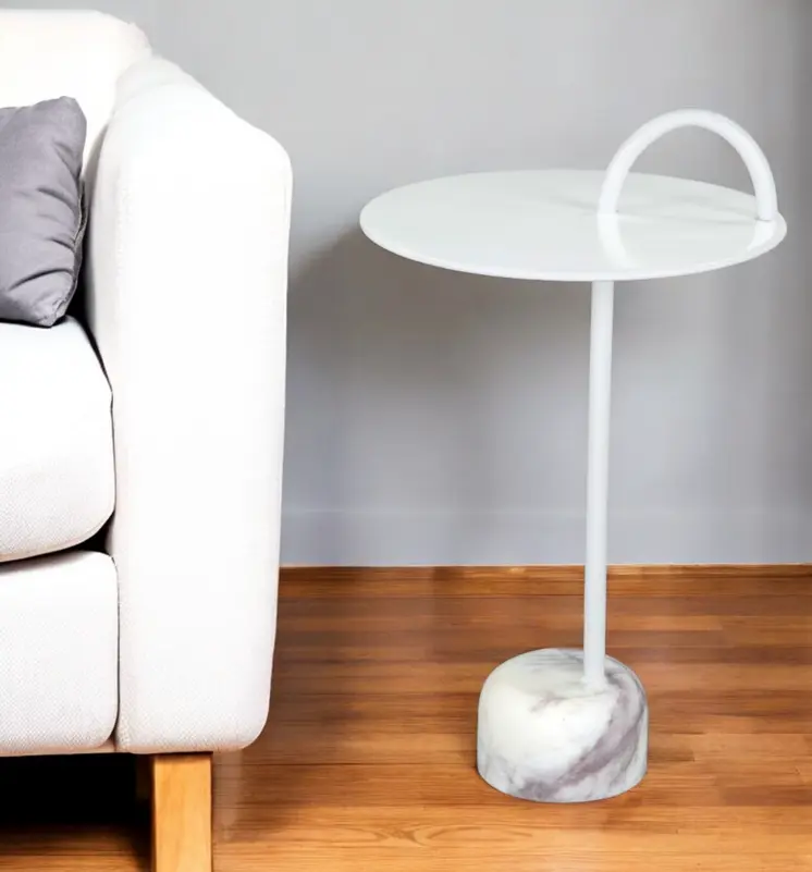 25" White Iron And Marble Round Pedestal End Table