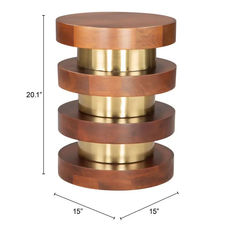 20" Brown and Gold Solid Wood and Iron Round Pedestal End Table
